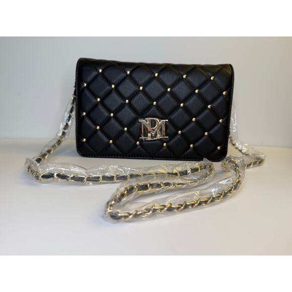 Badgley Mischka Big Diamond Crossbody Bag Black Gold Chain Studded Purse NWT - Picture 1 of 8